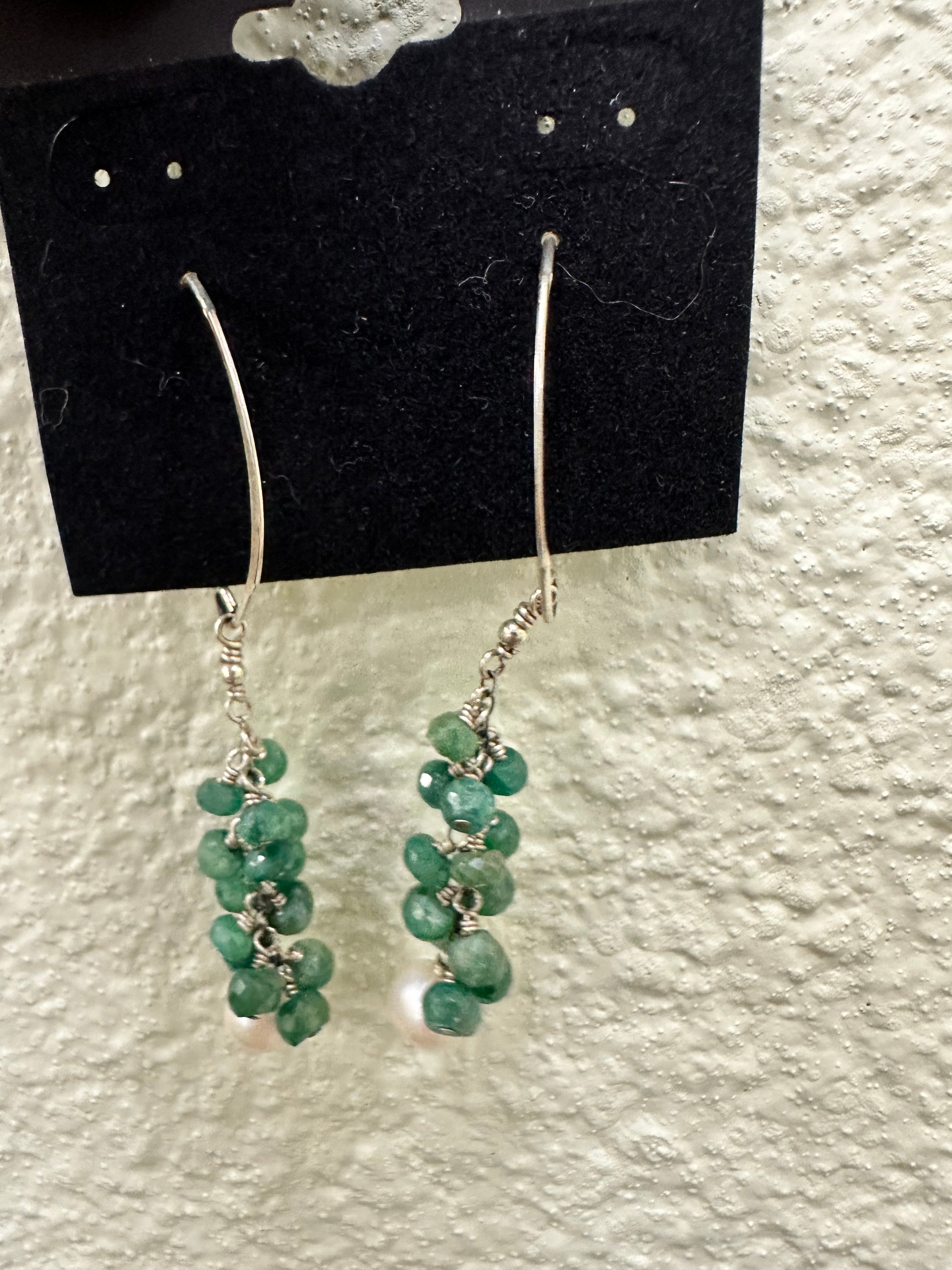 Emerald and Pearl Silver Earrings