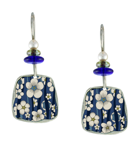 Earth Dreams Earrings Blue and White Flowers with Beads